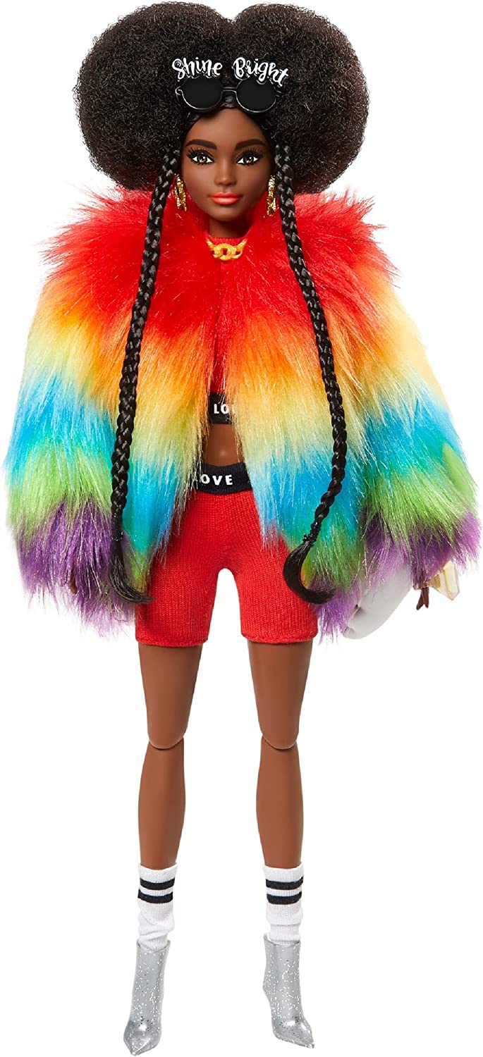 Barbie GVR04 Puppe, kuscheliger Regenbogen-Mantel mit Pudel, brünetten Afro-Puffs