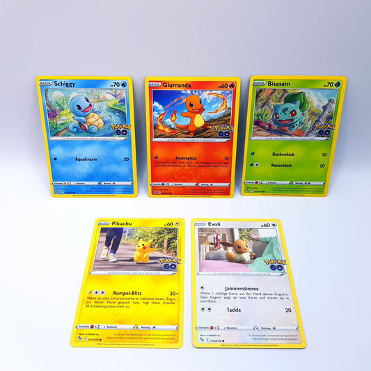 Pokemon Go Set - alle retro Starter Pokemon - Schiggy Glumanda Bisasam Pikachu Evoli - 5 Stück